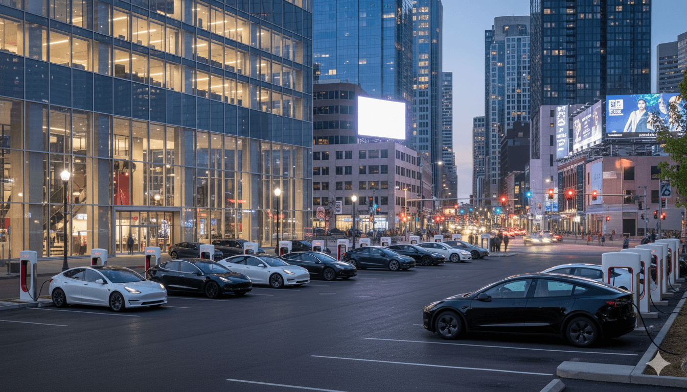 Tesla Supercharger station at dusk