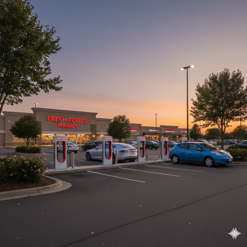 CyberCharge24 Tesla V4 Supercharger station at sunset with modern EV charging posts illuminated